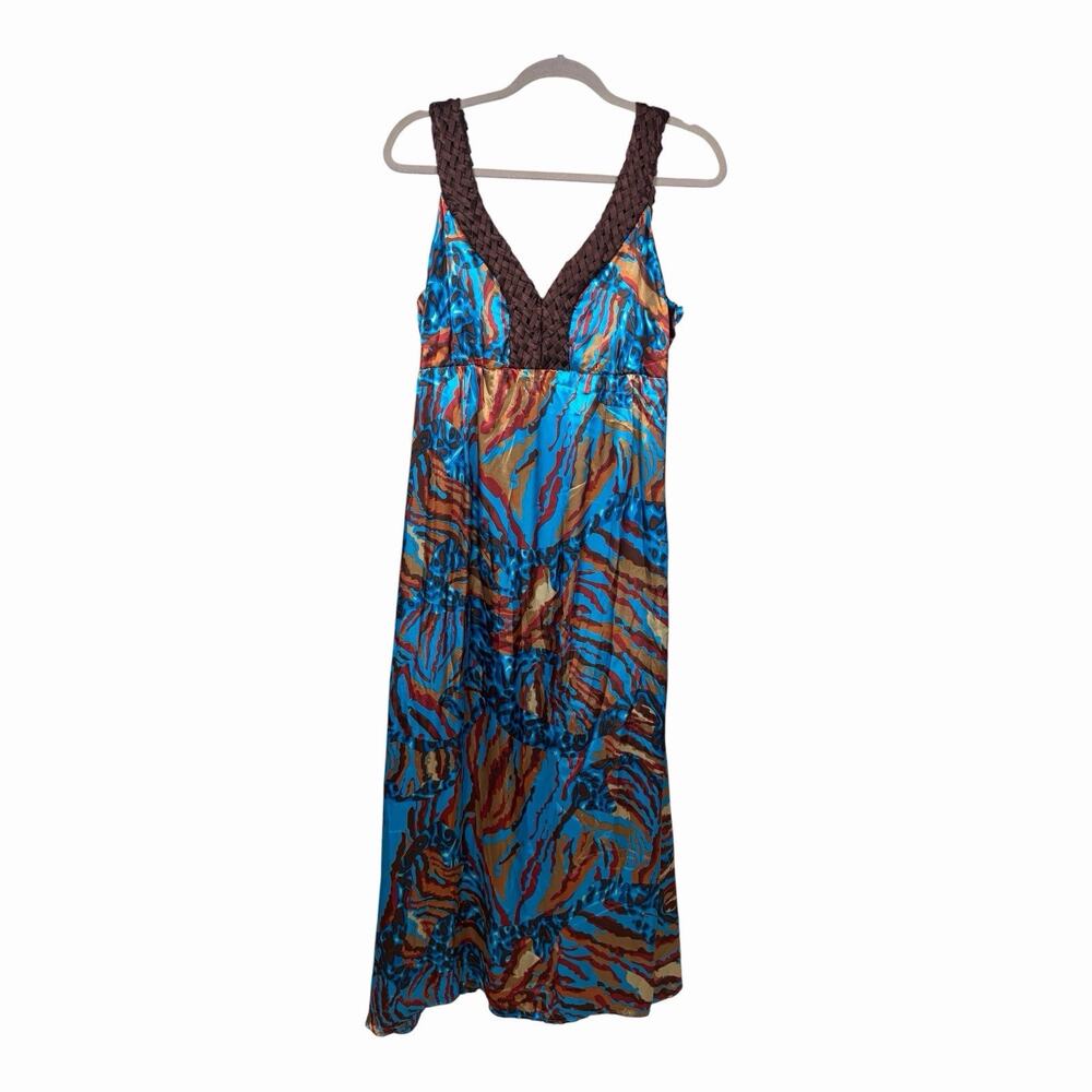 Robbie Bee Blue Brown Abstract Maxi Dress Braided Trim Sleeveless 12
